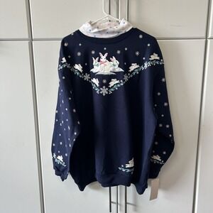 Vintage Spumoni Bunny Snowflake Mock Neck Sweatshirt Navy Blue 3X Made in USA
